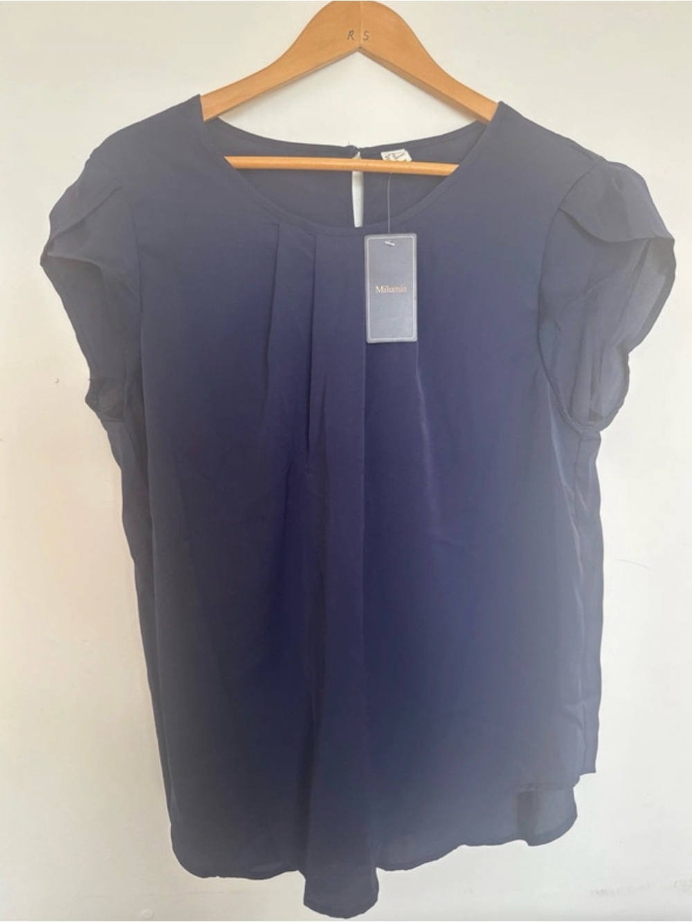 Milania Navy Pleated Cap-Sleeve Blouse for Women
